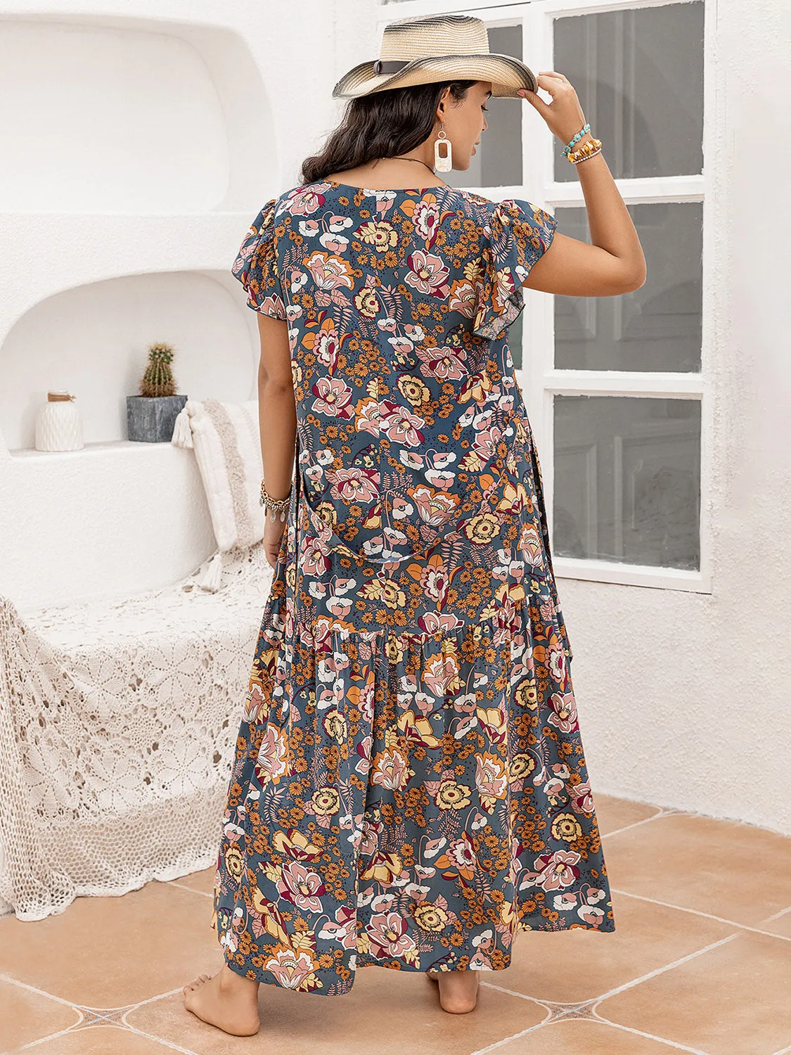 Plus Size Ruffled Printed Cap Sleeve Dress (2 Prints)