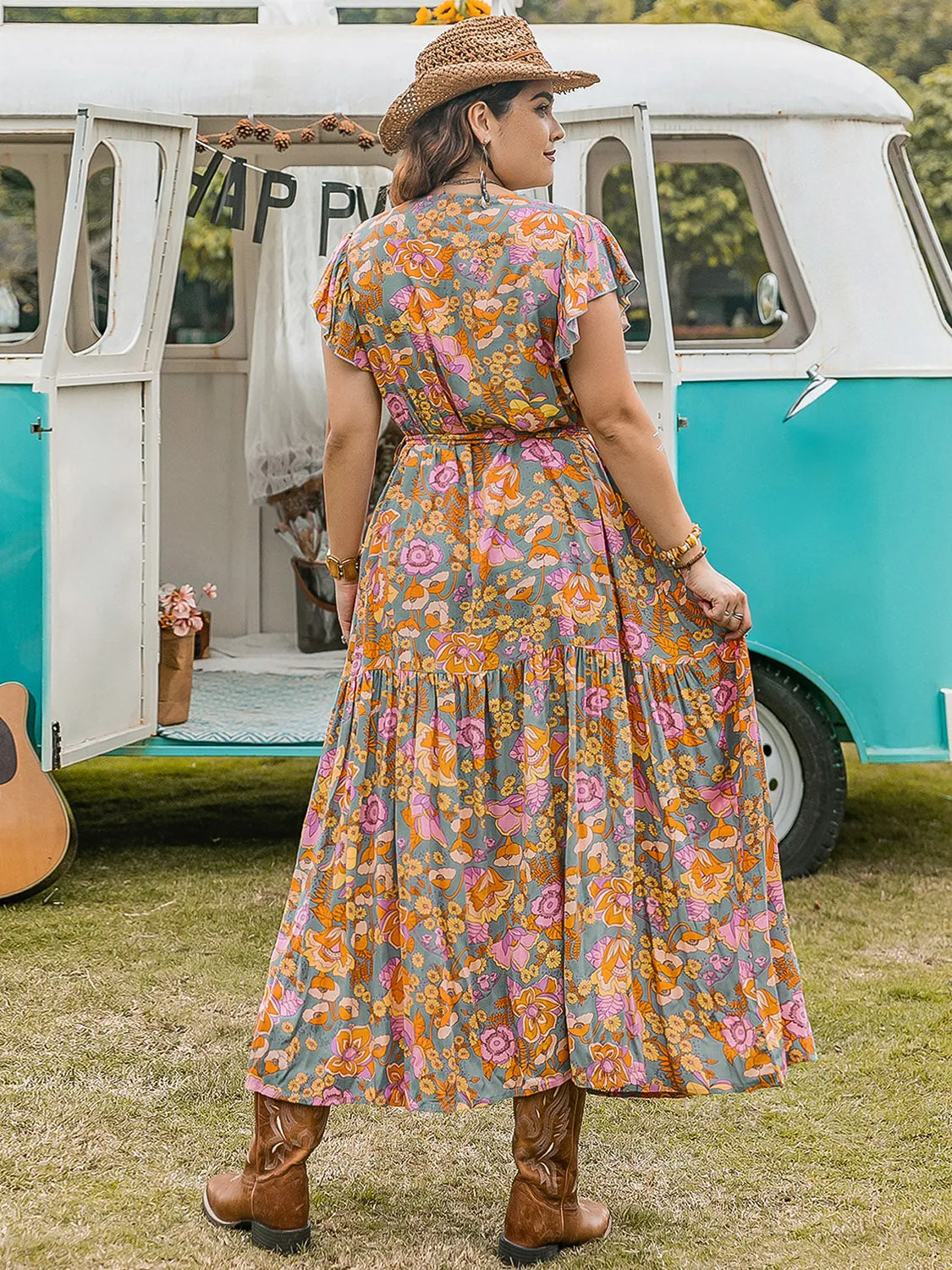 Plus Size Ruffled Printed Cap Sleeve Dress (2 Prints)