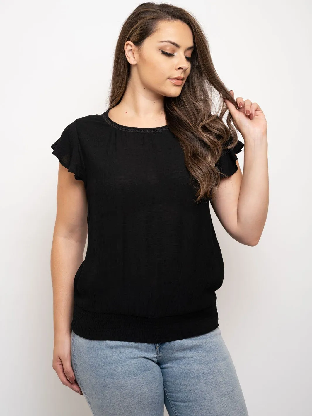 PLUS SIZE SHORT SLEEVE RUCHED TRIM TOP