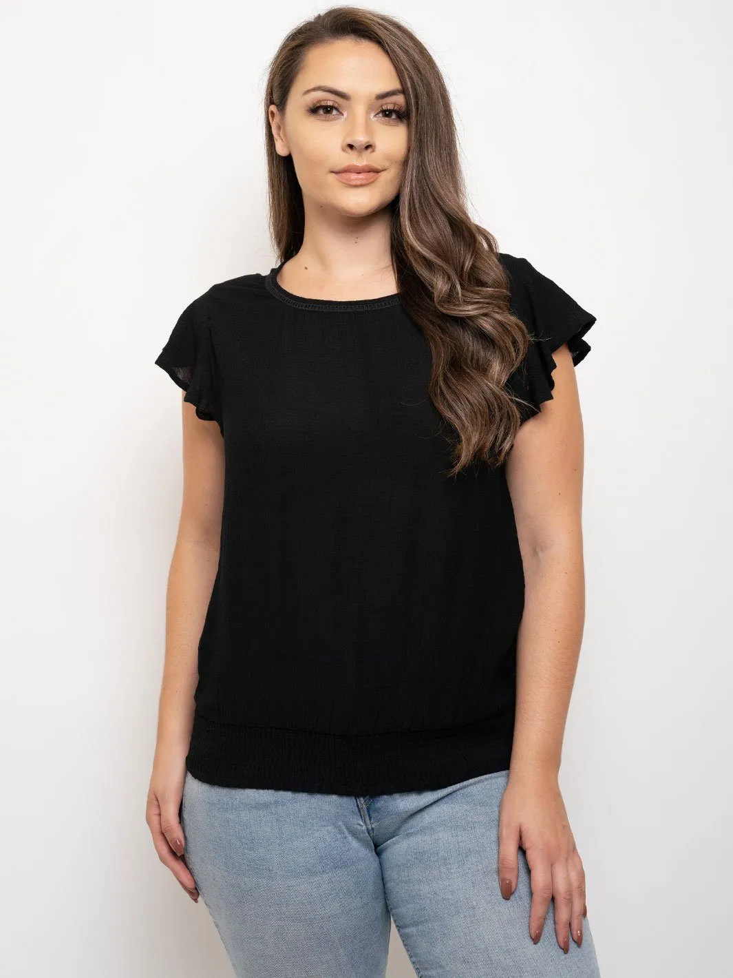 PLUS SIZE SHORT SLEEVE RUCHED TRIM TOP