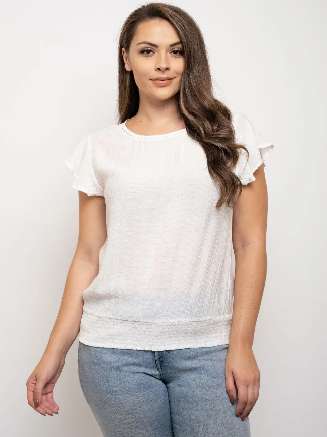 PLUS SIZE SHORT SLEEVE RUCHED TRIM TOP