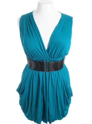 Plus Size Sleeveless Bubble Pleat Skirt Teal Mini Dress
