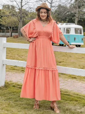 Plus Size Tassel Trim V-Neck Short Sleeve Ruffle Hem Dress (2 Colors)