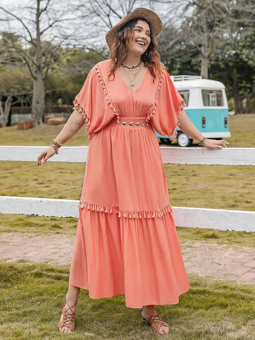 Plus Size Tassel Trim V-Neck Short Sleeve Ruffle Hem Dress (2 Colors)