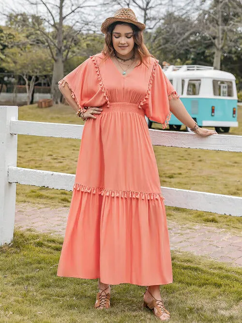 Plus Size Tassel Trim V-Neck Short Sleeve Ruffle Hem Dress (2 Colors)