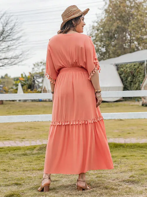 Plus Size Tassel Trim V-Neck Short Sleeve Ruffle Hem Dress (2 Colors)