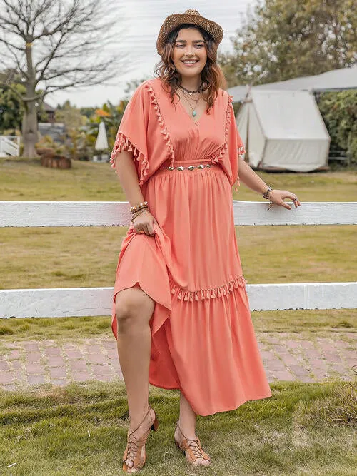Plus Size Tassel Trim V-Neck Short Sleeve Ruffle Hem Dress (2 Colors)