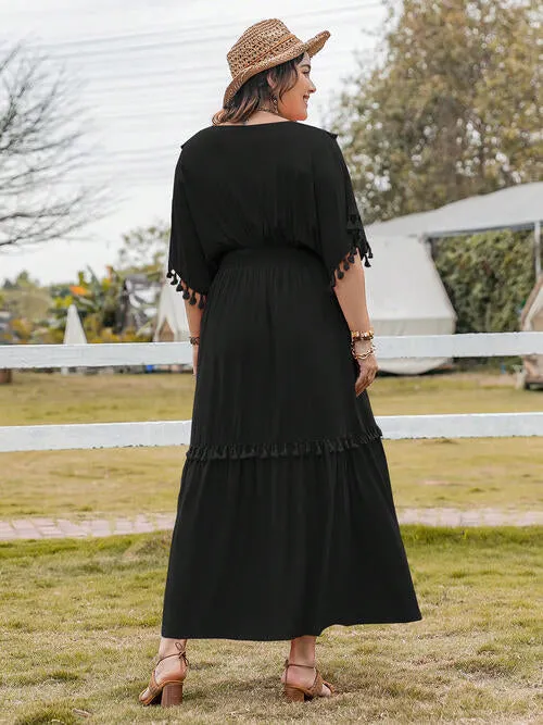 Plus Size Tassel Trim V-Neck Short Sleeve Ruffle Hem Dress (2 Colors)