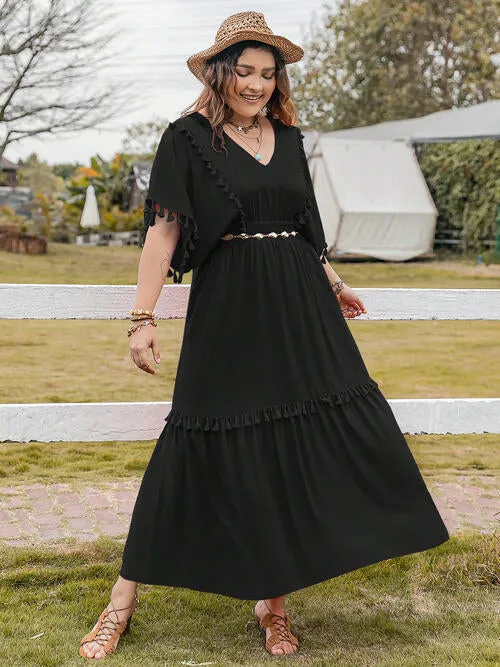 Plus Size Tassel Trim V-Neck Short Sleeve Ruffle Hem Dress (2 Colors)