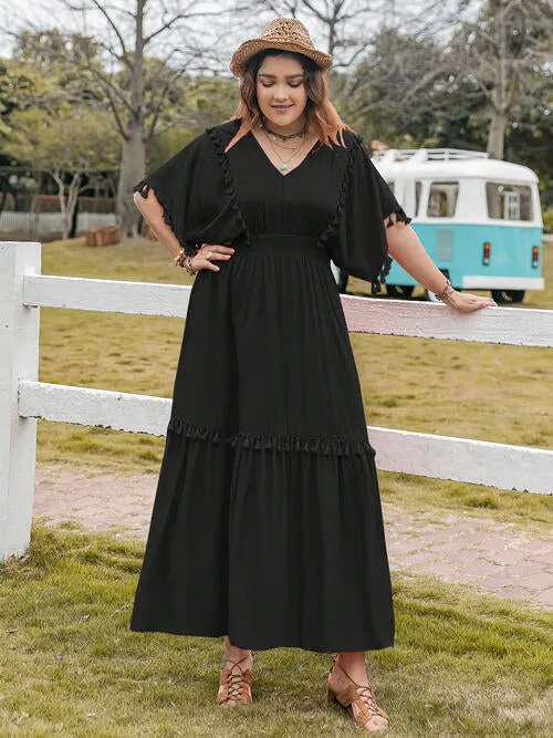 Plus Size Tassel Trim V-Neck Short Sleeve Ruffle Hem Dress (2 Colors)