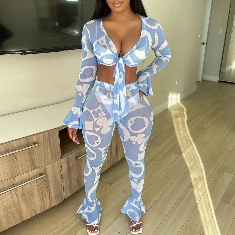 Poker Pattern Sheer Mesh Flared Sleeve Two Piece Set