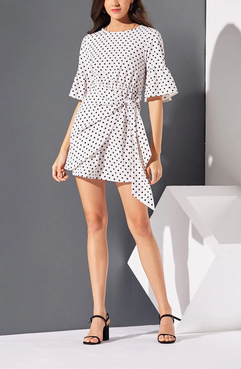 Polka Dot Printed Ruffled Stitching Short Sleeve Lace Dress
