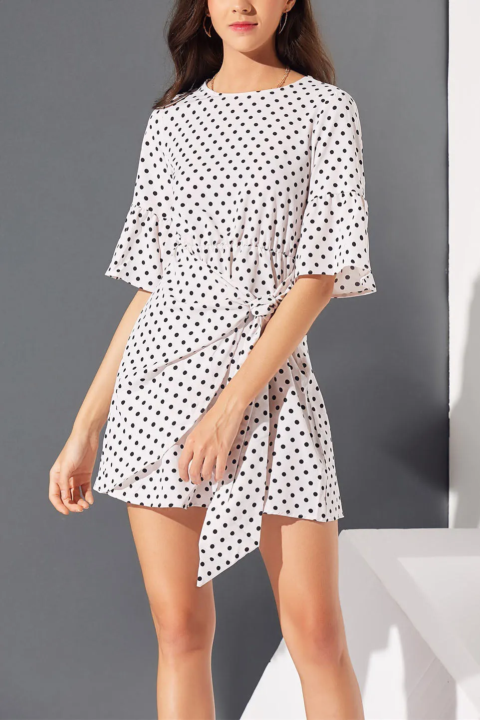 Polka Dot Printed Ruffled Stitching Short Sleeve Lace Dress