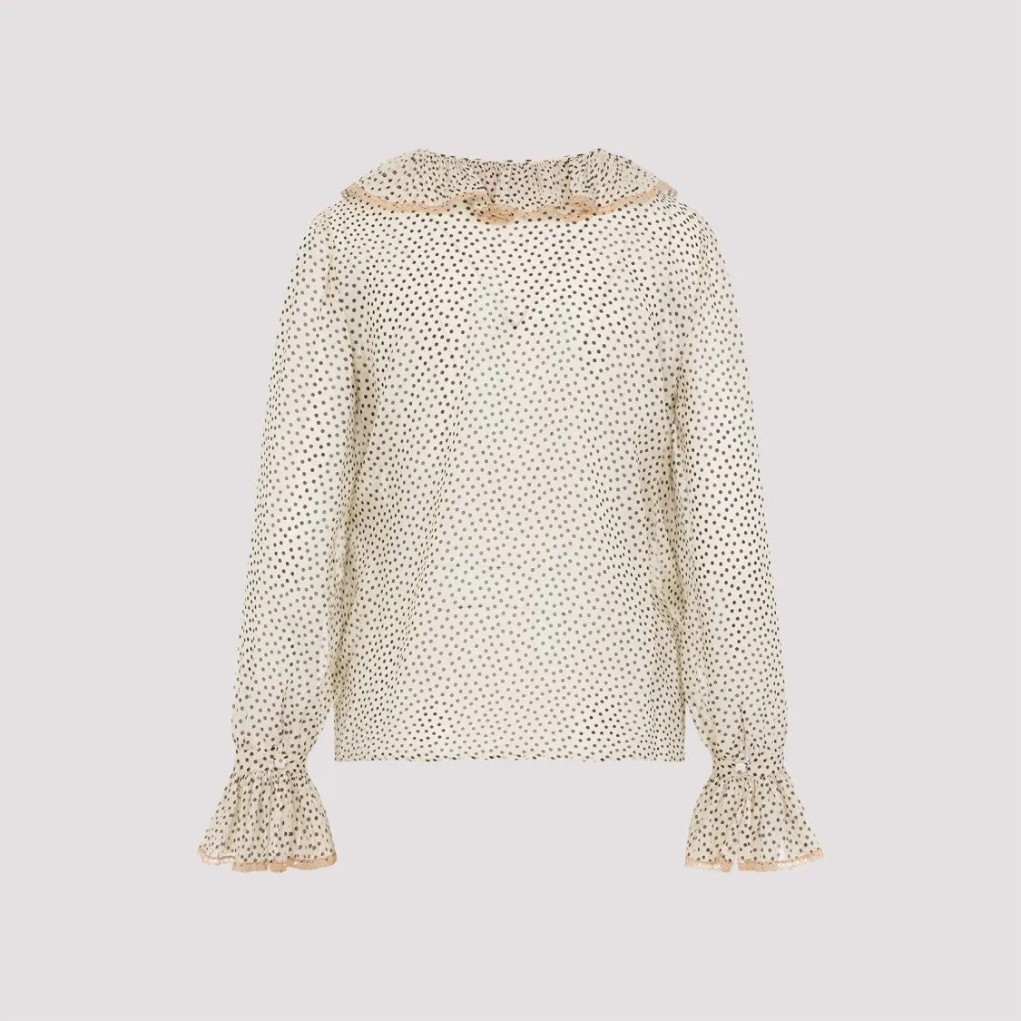 Polka Dot Ruffled Silk Shirt With Flared Sleeves