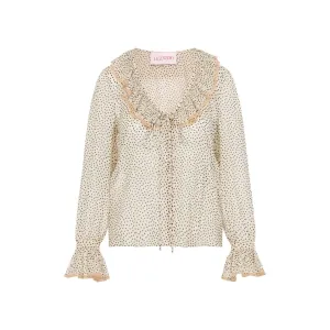 Polka Dot Ruffled Silk Shirt With Flared Sleeves