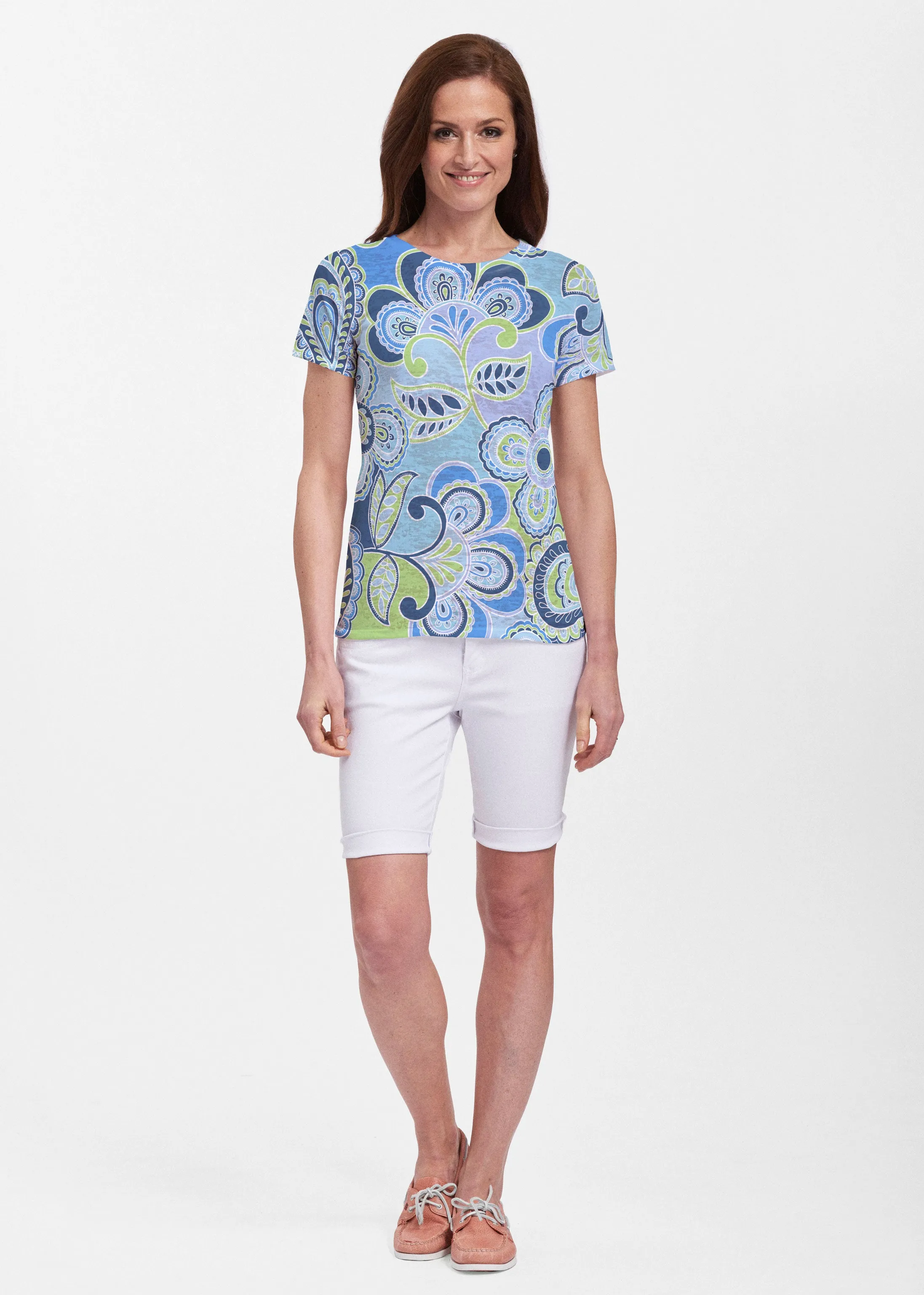Pop Paisley Blue (13233) ~ Sheer Short Sleeve Crew Shirt