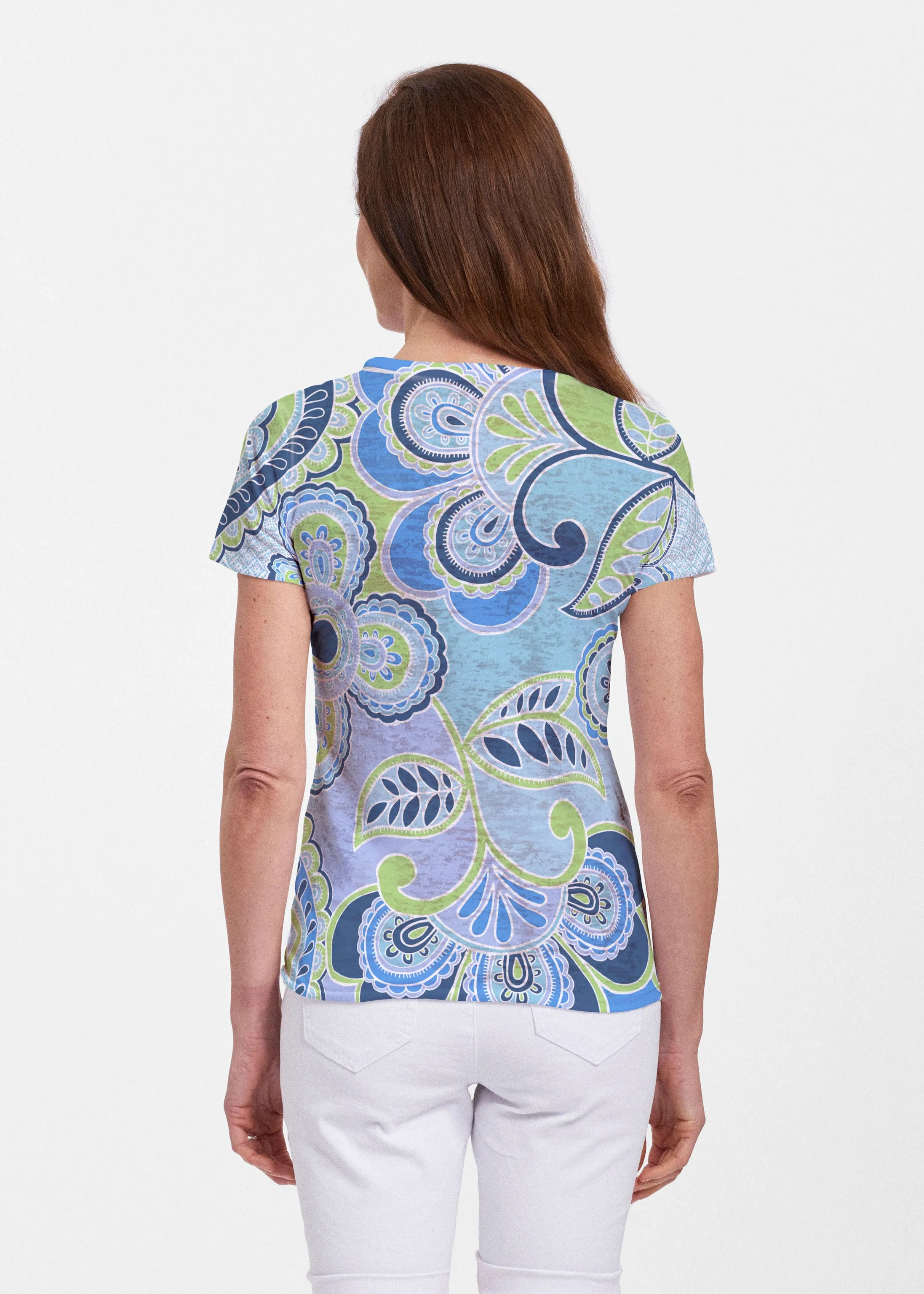 Pop Paisley Blue (13233) ~ Sheer Short Sleeve Crew Shirt