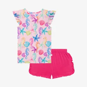 Posh Peanut Coral Basic Ruffled Capsleeve Top & Ruffled Varsity Short