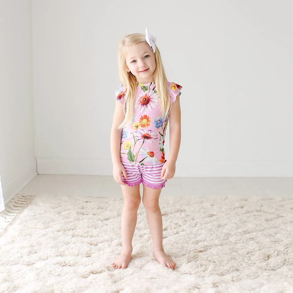 Posh Peanut Kaileigh Basic Ruffled Capsleeve Top & Ruffled Varsity Short