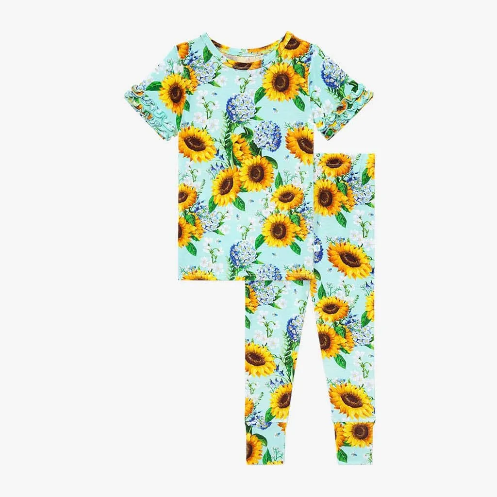 Posh Peanut Short Sleeve Basic Micro Ruffled Shirt and Long Pants in Sunny