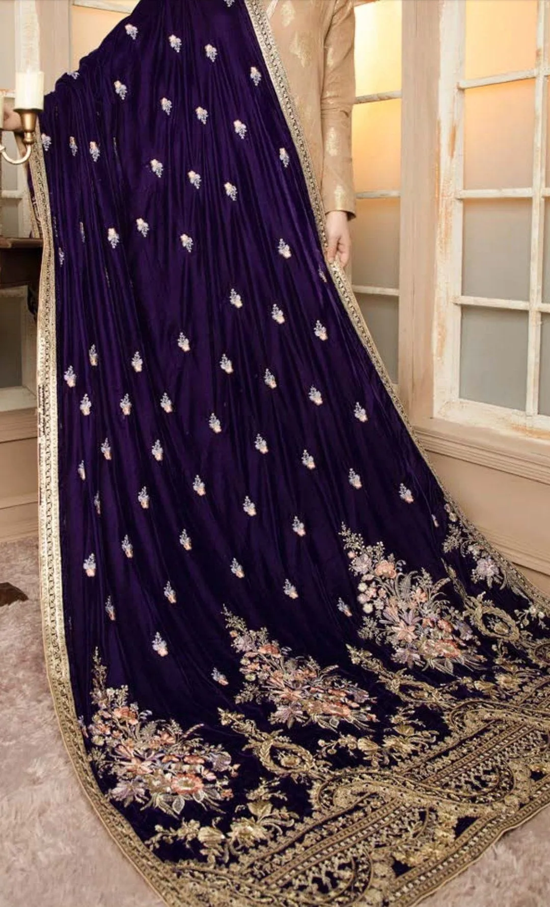 Pourpre/Luxury Embroidered Velvet Shawl by Adans Libaas