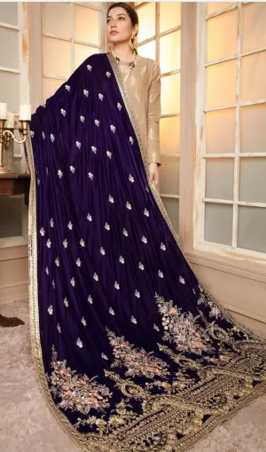Pourpre/Luxury Embroidered Velvet Shawl by Adans Libaas
