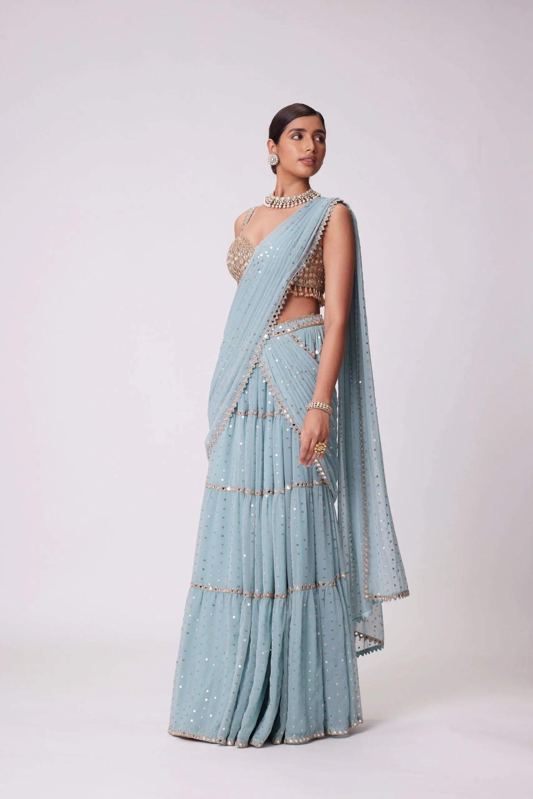 Powder Blue Multitier Saree Set