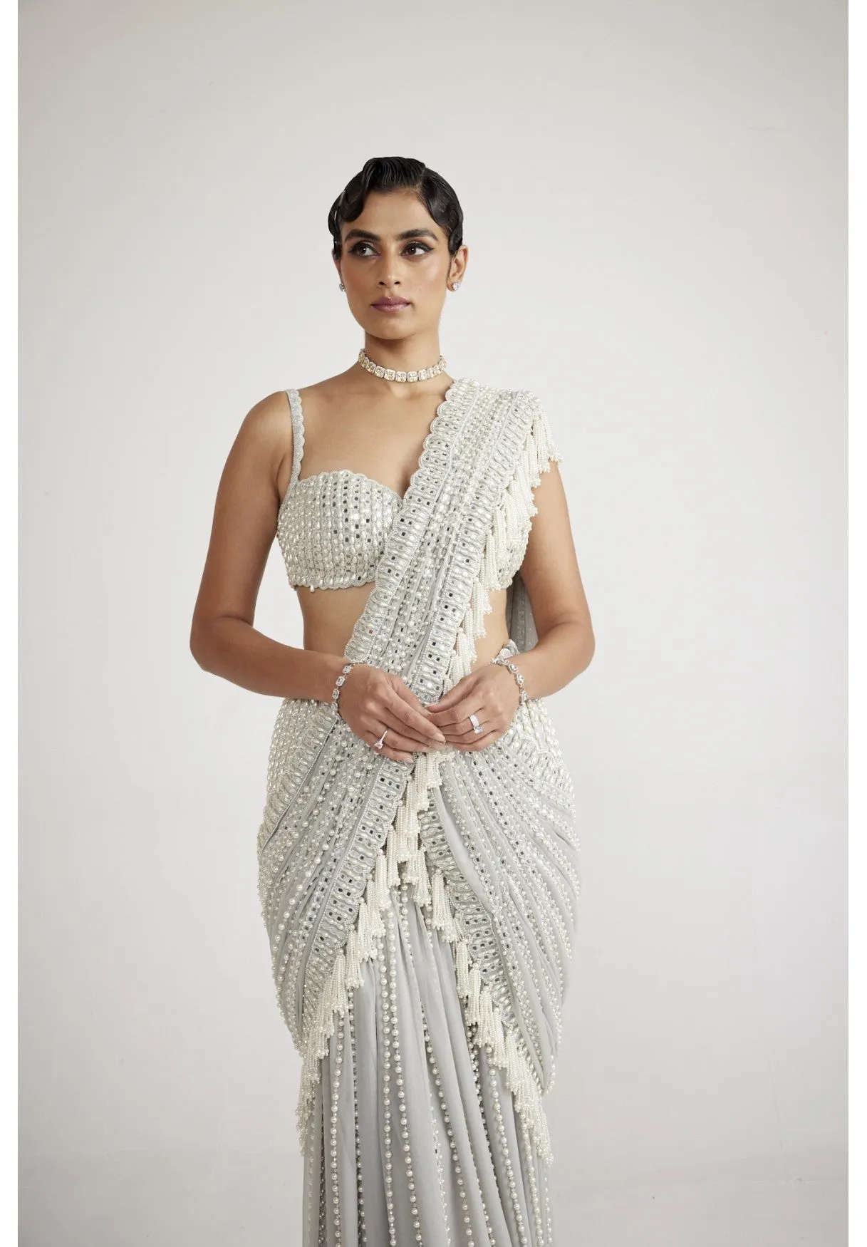 Powder Grey Chandelier Pearl Drop Saree Set