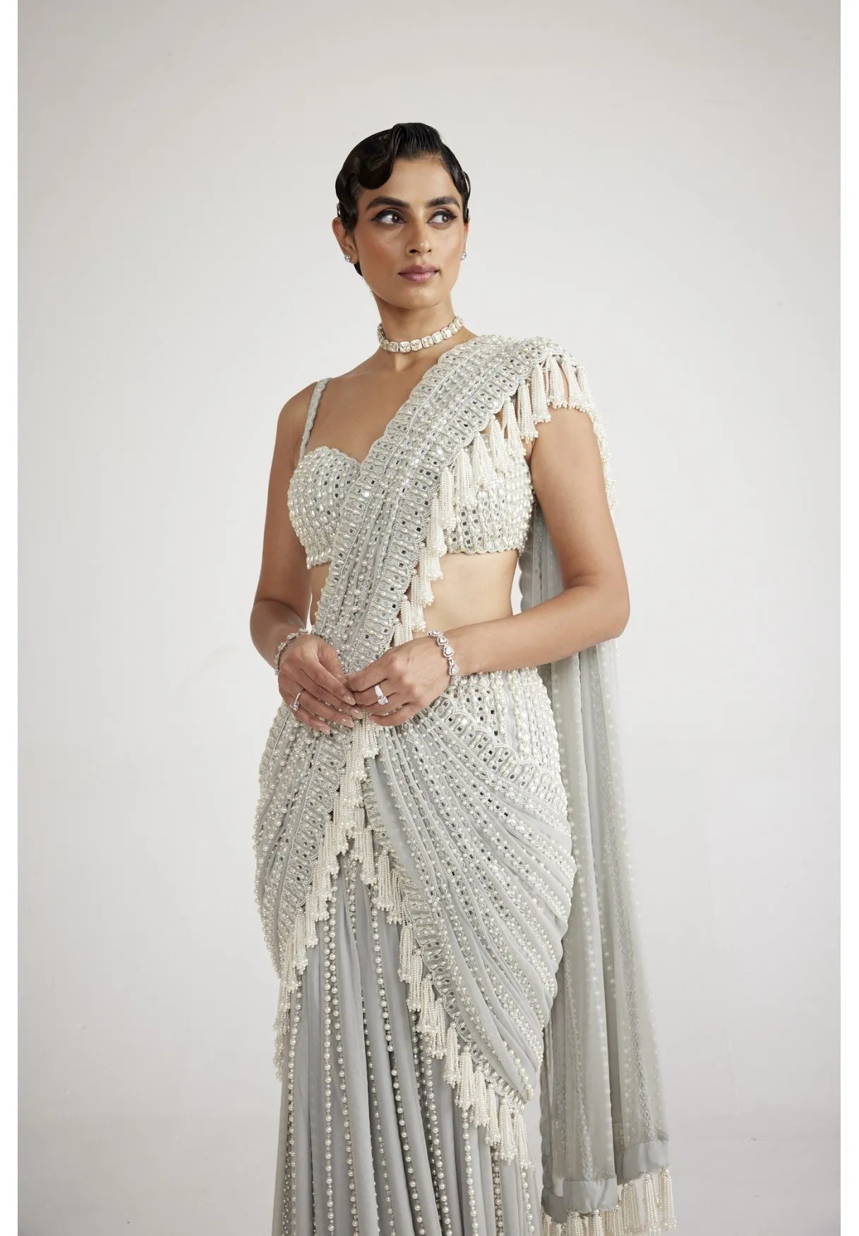 Powder Grey Chandelier Pearl Drop Saree Set