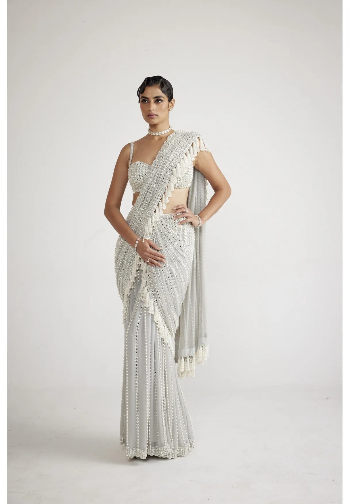 Powder Grey Chandelier Pearl Drop Saree Set
