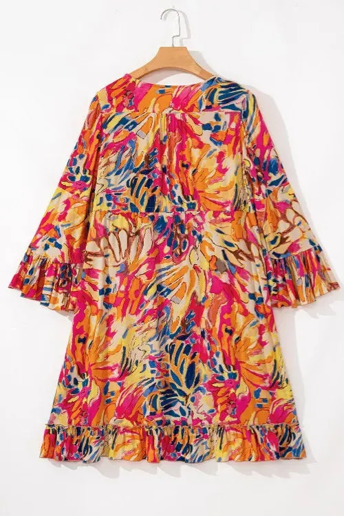 Printed Flare Sleeve Ruffled Hem Dress