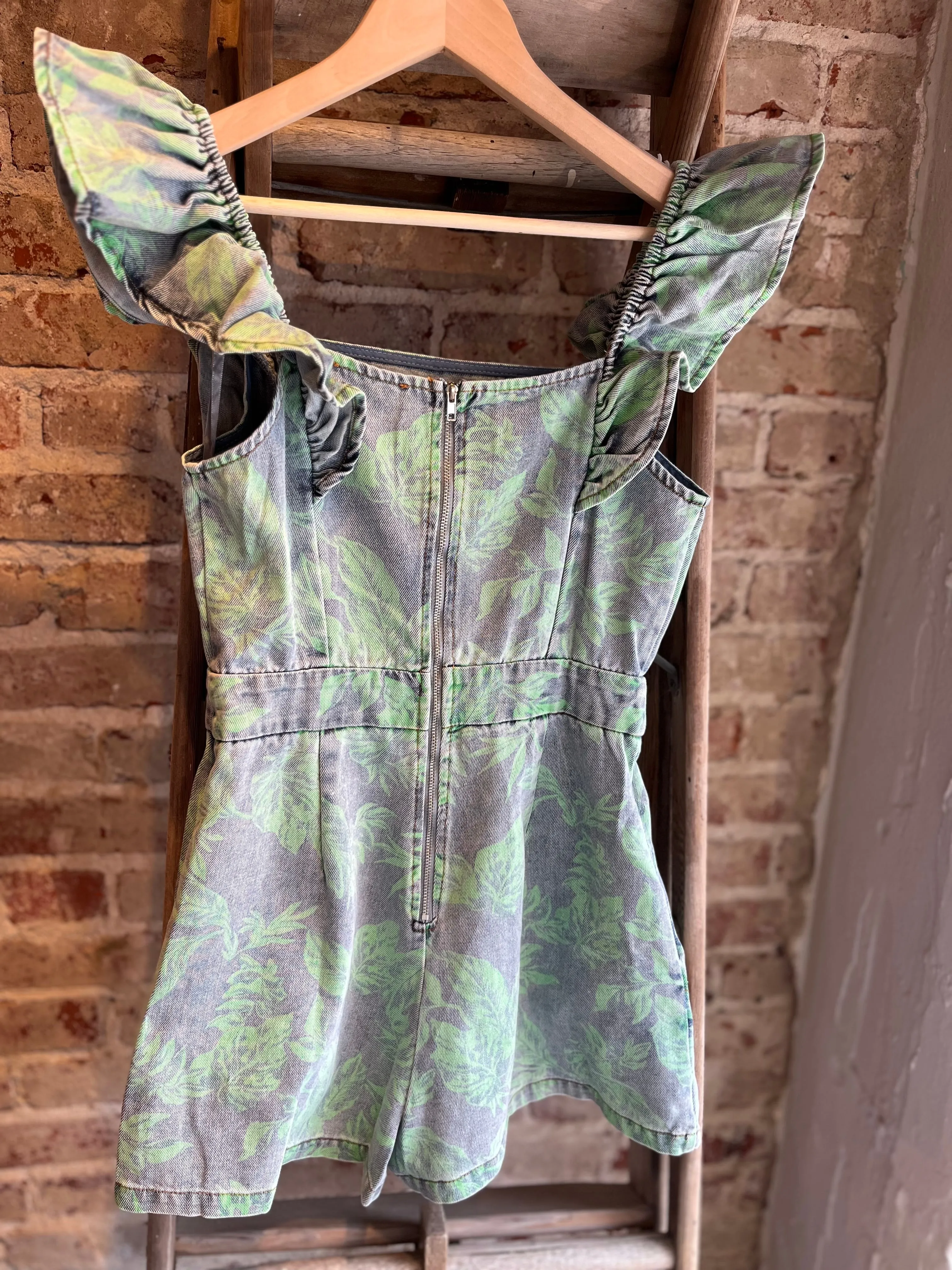 Printed Flutter Sleeve Denim Romper