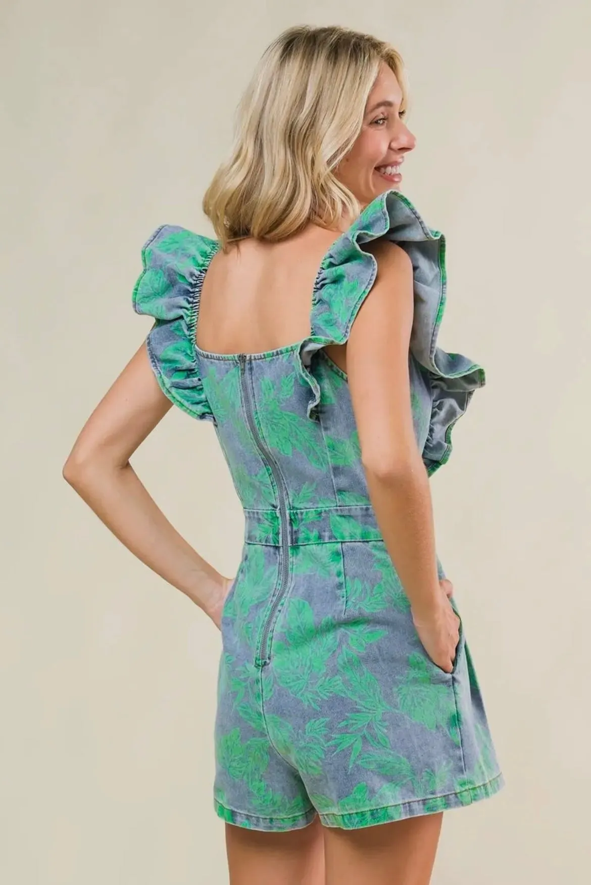 Printed Flutter Sleeve Denim Romper