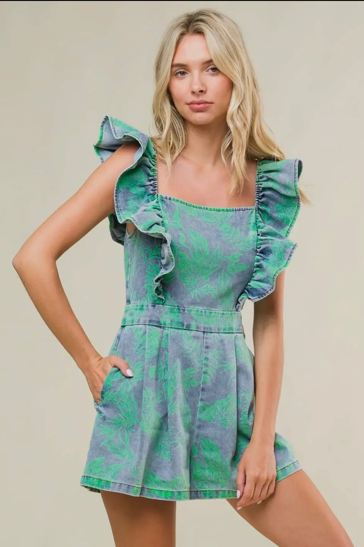 Printed Flutter Sleeve Denim Romper