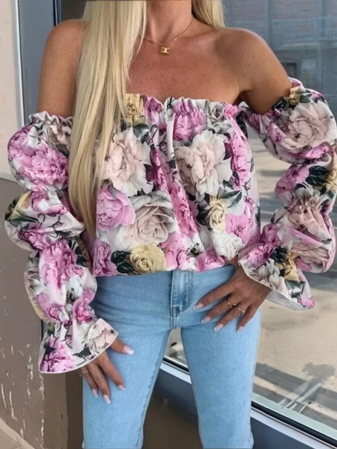 Printed Off-Shoulder Flounce Sleeve Blouse