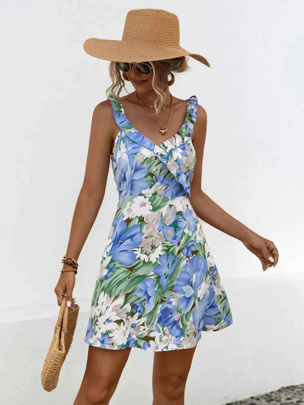 Printed Ruffled Mini Dress with Surplice Wide Straps