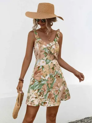 Printed Ruffled Mini Dress with Surplice Wide Straps