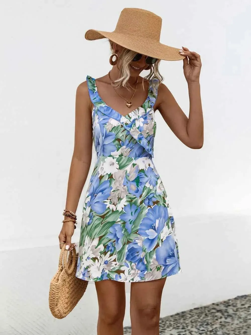 Printed Ruffled Mini Dress with Surplice Wide Straps