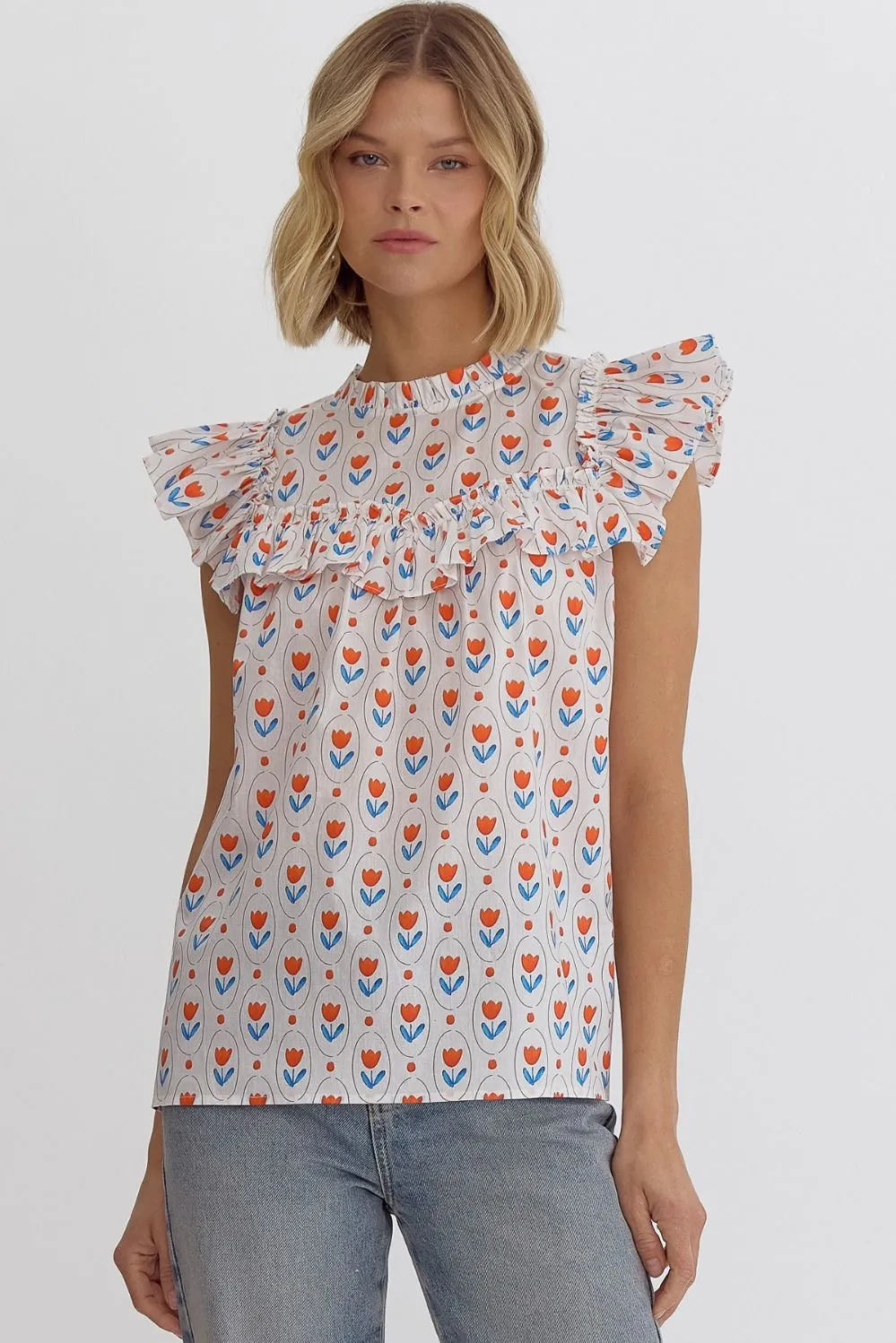Printed Ruffled Sleeveless Top
