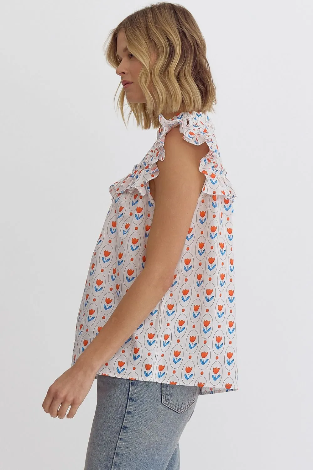 Printed Ruffled Sleeveless Top
