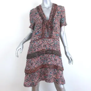 Proenza Schouler Dress Pink/Blue Printed Ruffled Silk Size 8 Short Sleeve V-Neck