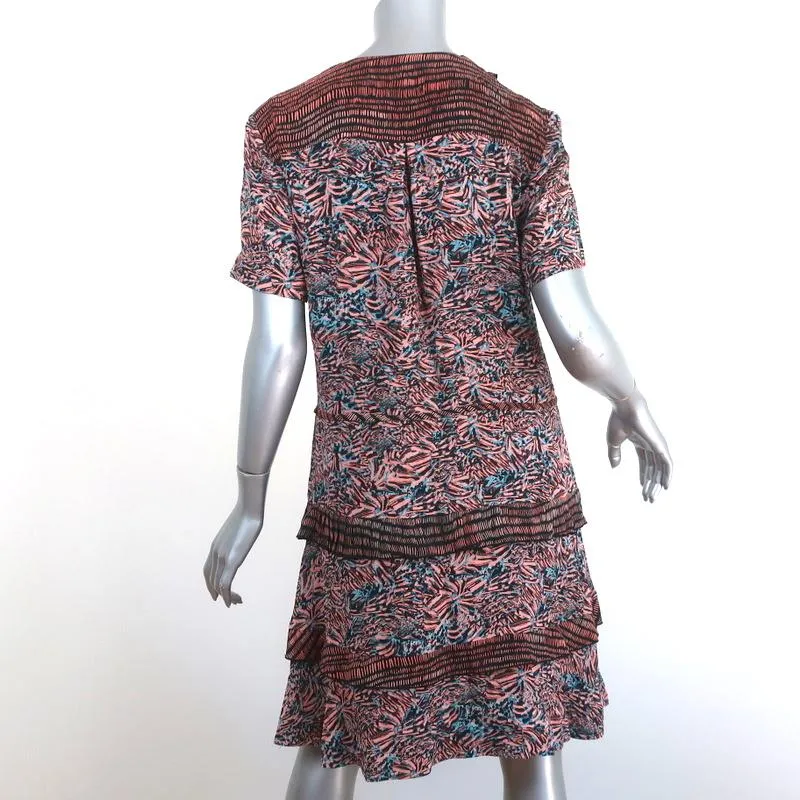 Proenza Schouler Dress Pink/Blue Printed Ruffled Silk Size 8 Short Sleeve V-Neck