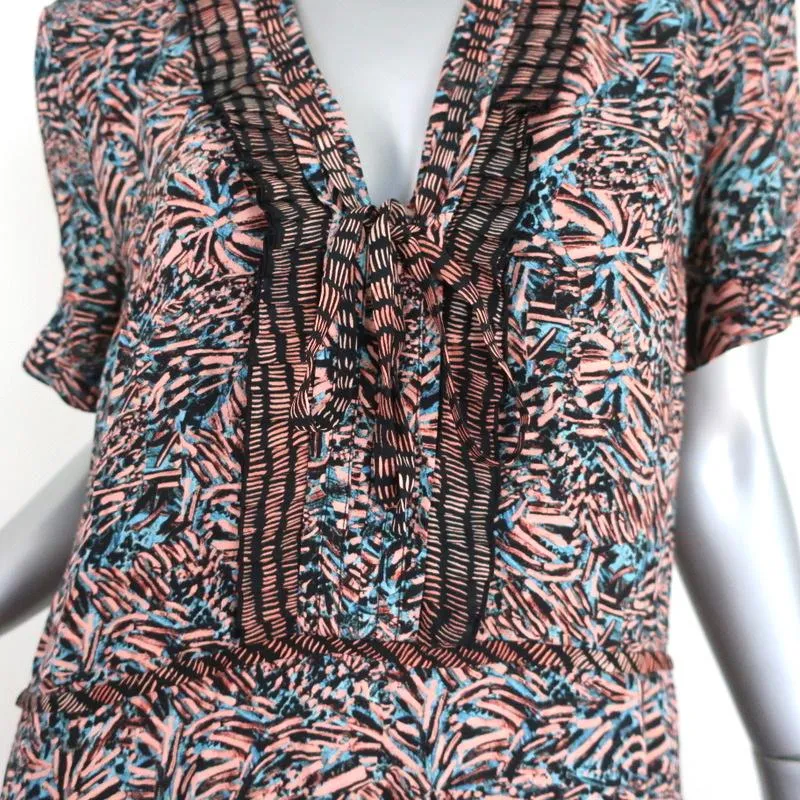 Proenza Schouler Dress Pink/Blue Printed Ruffled Silk Size 8 Short Sleeve V-Neck