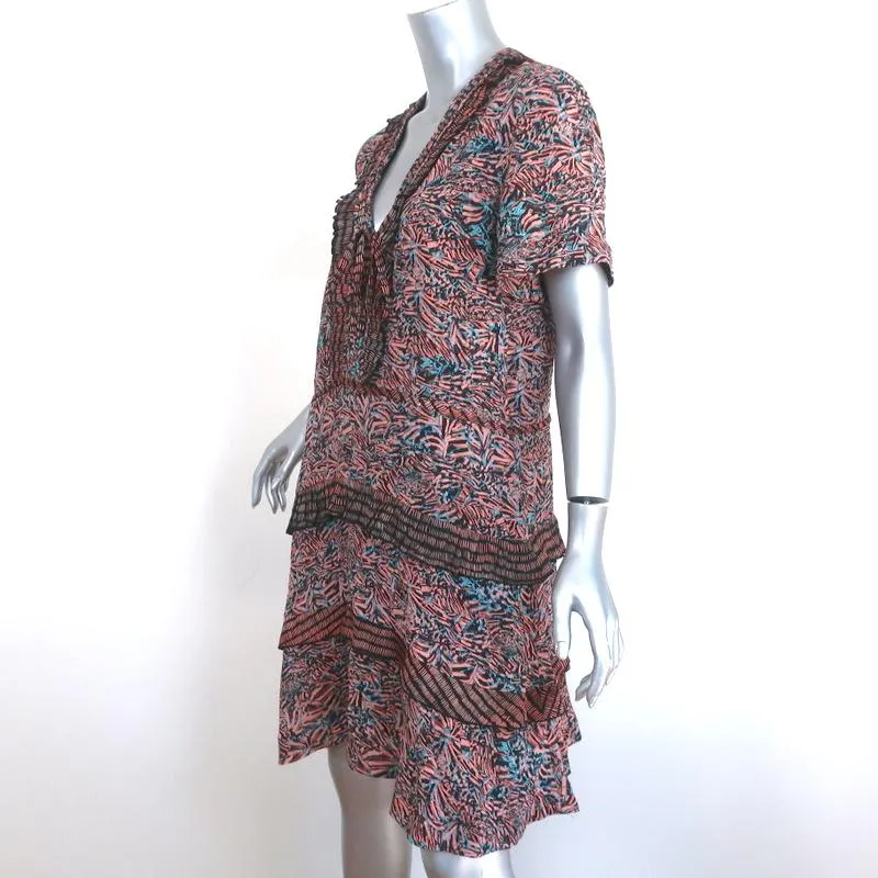 Proenza Schouler Dress Pink/Blue Printed Ruffled Silk Size 8 Short Sleeve V-Neck