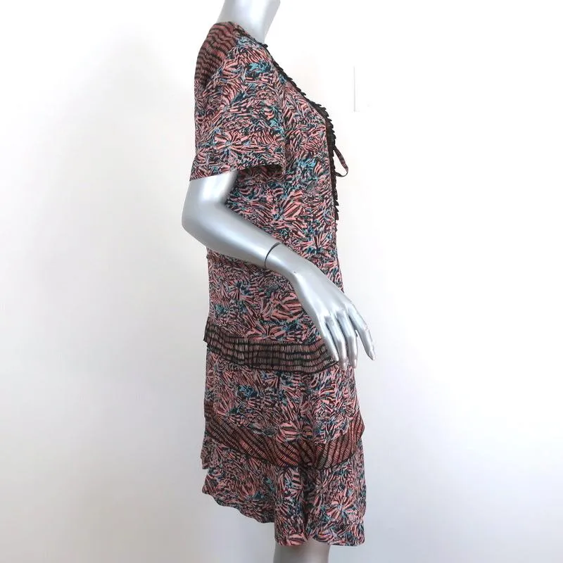 Proenza Schouler Dress Pink/Blue Printed Ruffled Silk Size 8 Short Sleeve V-Neck