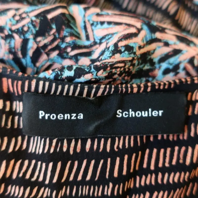 Proenza Schouler Dress Pink/Blue Printed Ruffled Silk Size 8 Short Sleeve V-Neck
