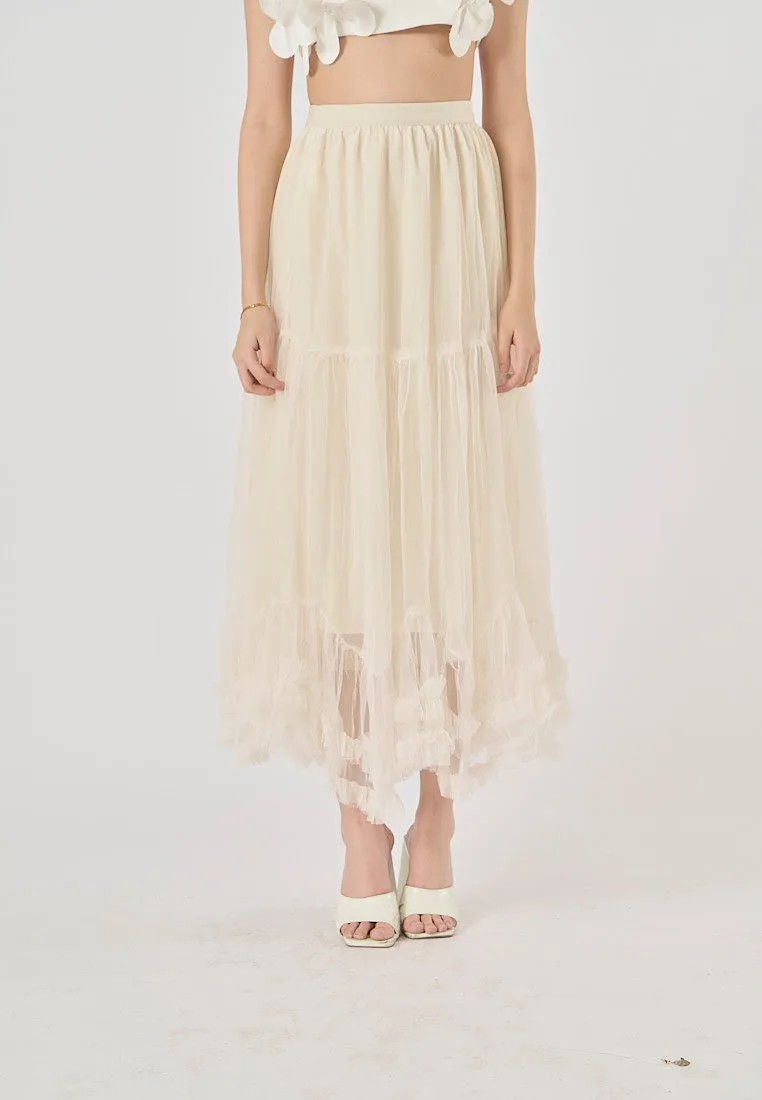 Ravenna Beige Mesh High Waist Raffles Maxi Skirt