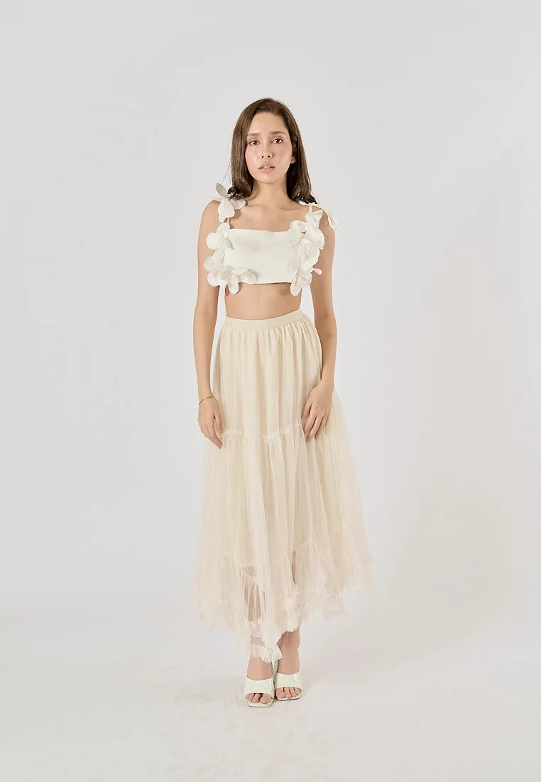 Ravenna Beige Mesh High Waist Raffles Maxi Skirt
