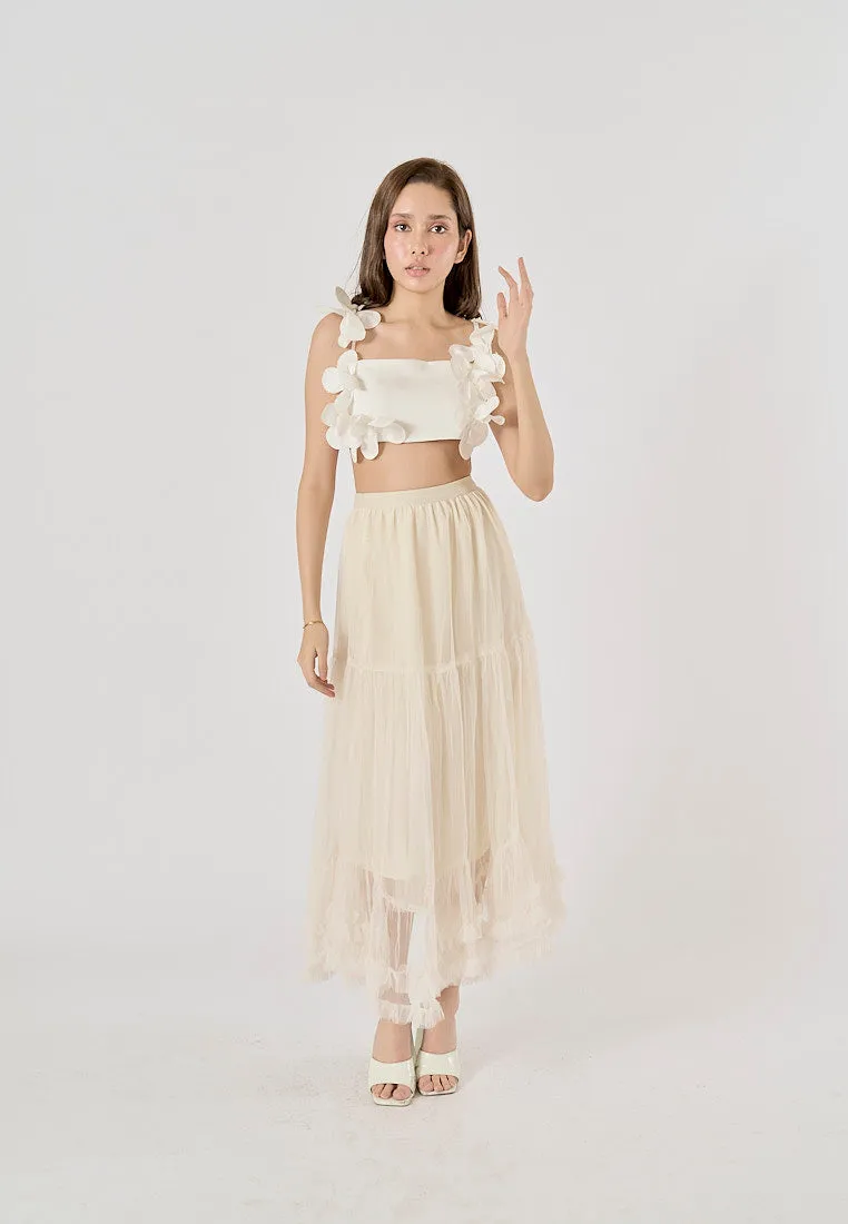 Ravenna Beige Mesh High Waist Raffles Maxi Skirt