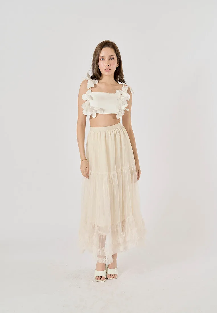 Ravenna Beige Mesh High Waist Raffles Maxi Skirt
